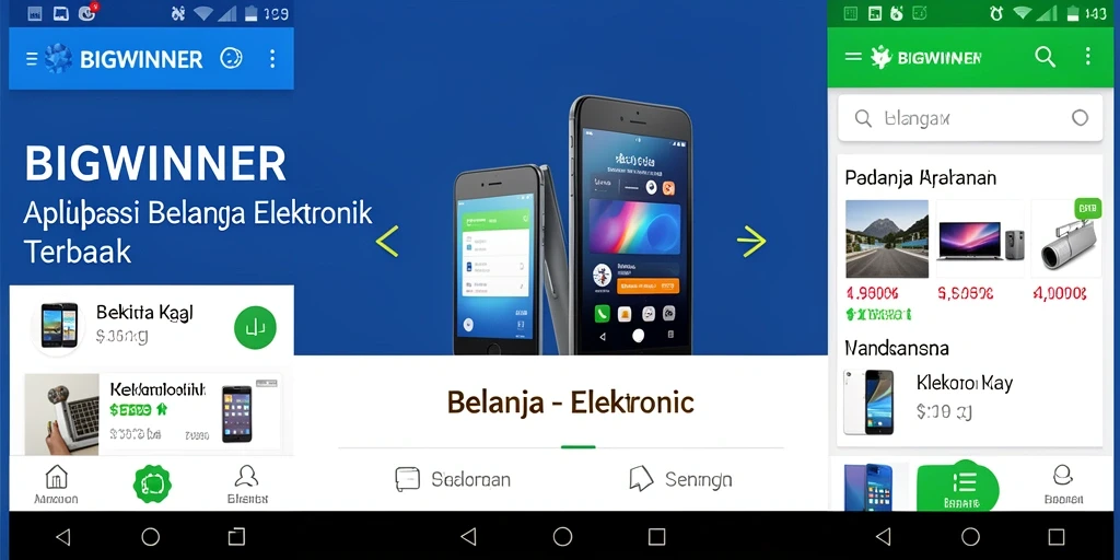 Tampilan antarmuka aplikasi BIGWINNER untuk belanja elektronik yang modern.